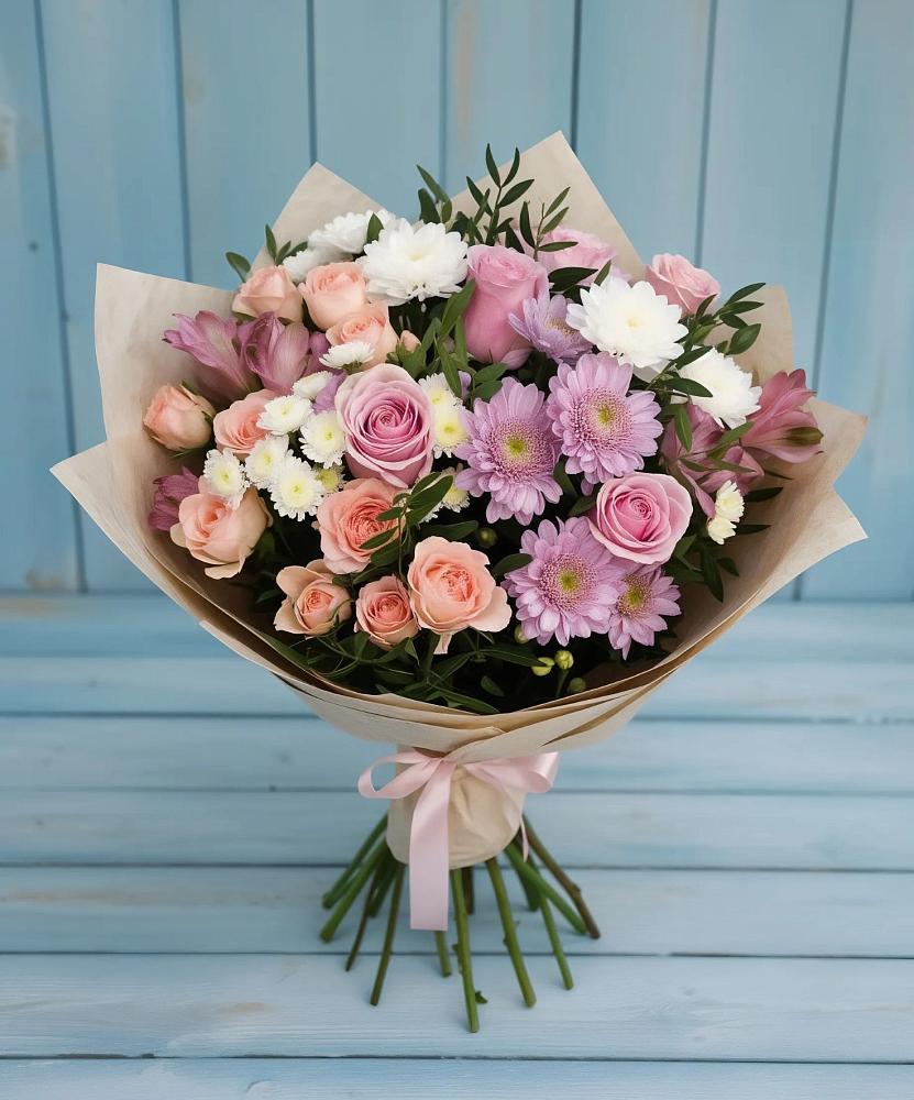 Букет цветов из: Хризантемы, Розы и Альстромерии в Красногорском Алтайского края