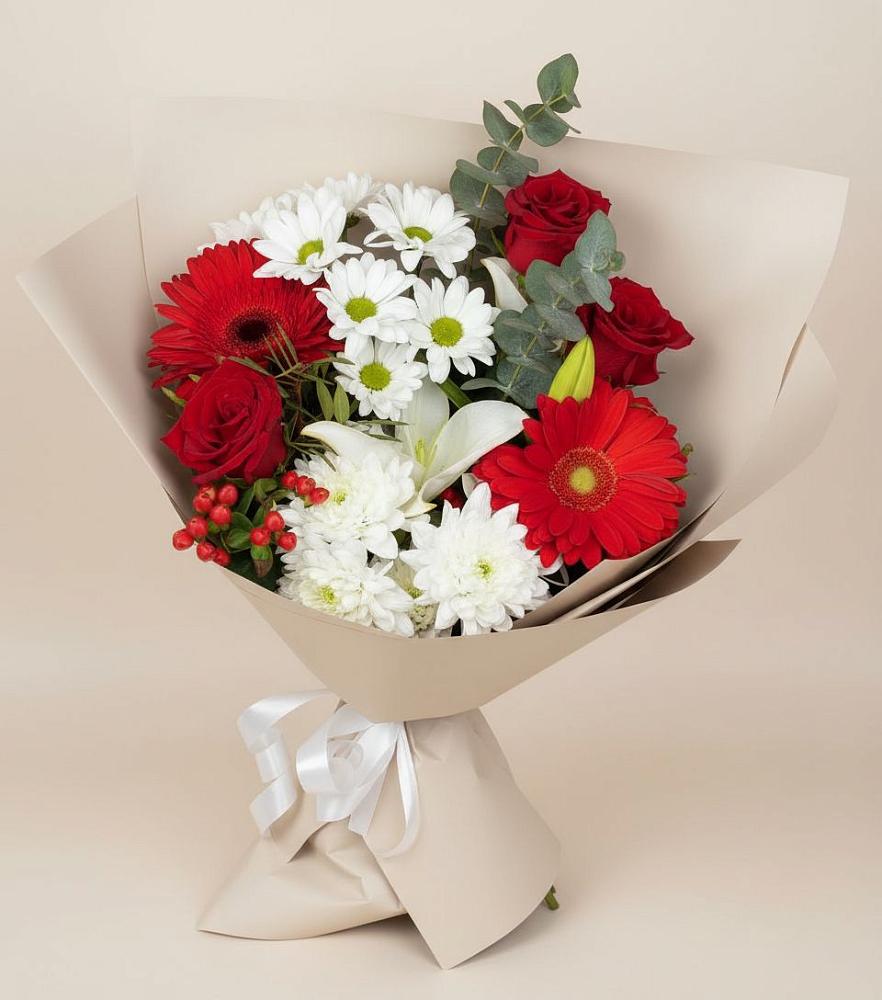 Букет цветов из: Розы, Хризантемы, Герберы и Лилии в Красногорском Алтайского края