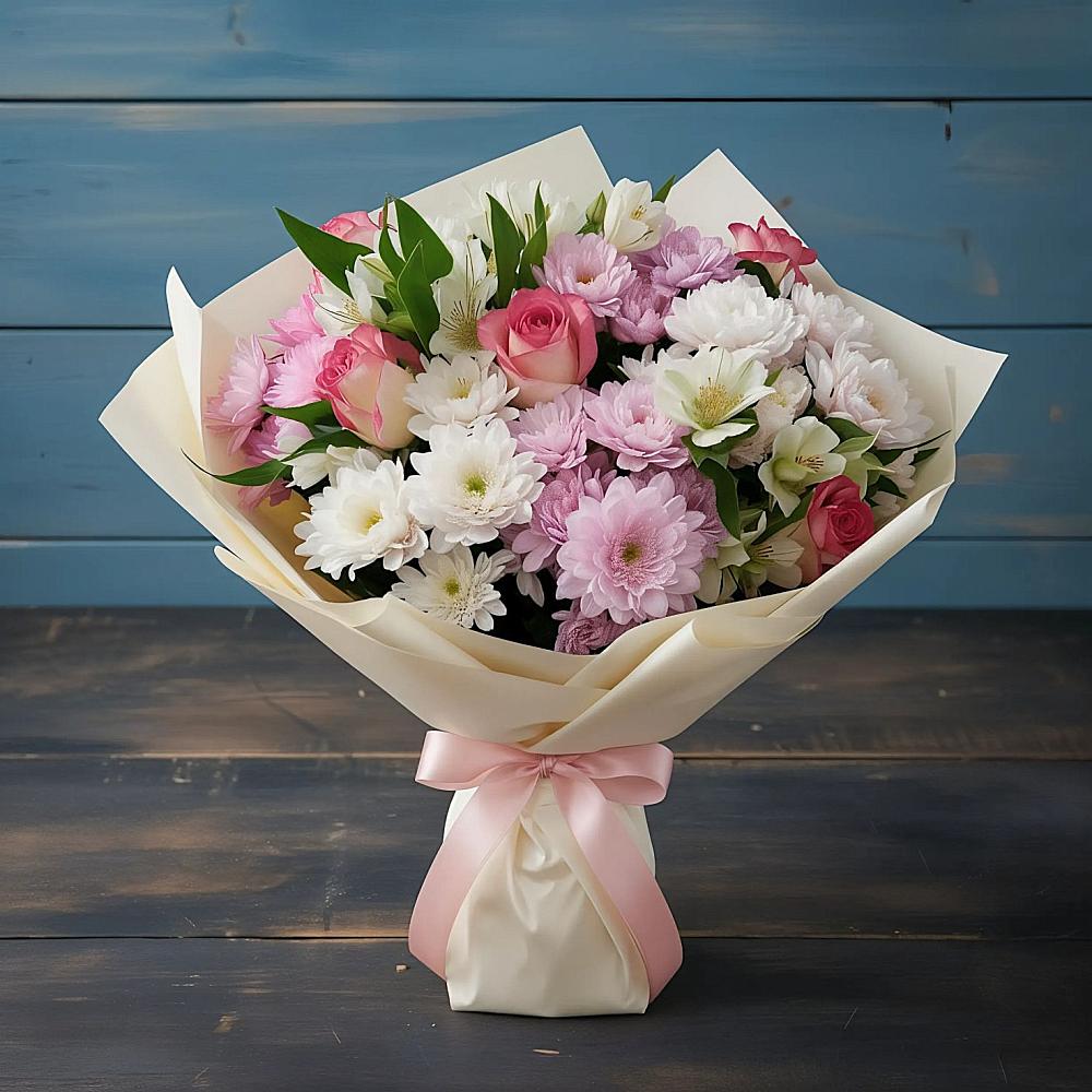 Букет цветов из: Хризантемы, Альстромерии и Розы в Красногорском Алтайского края